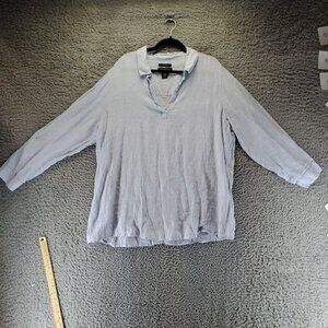 Tahari Top Womens 2X Blue Linen Split V-Neck Long Sleeve Relaxed Fit Lightweight